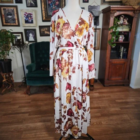 Alexa B Nites Womens Maxi Dress Floral Print Long Sleeve Fall Autumn V Neck 20W - Picture 2 of 8
